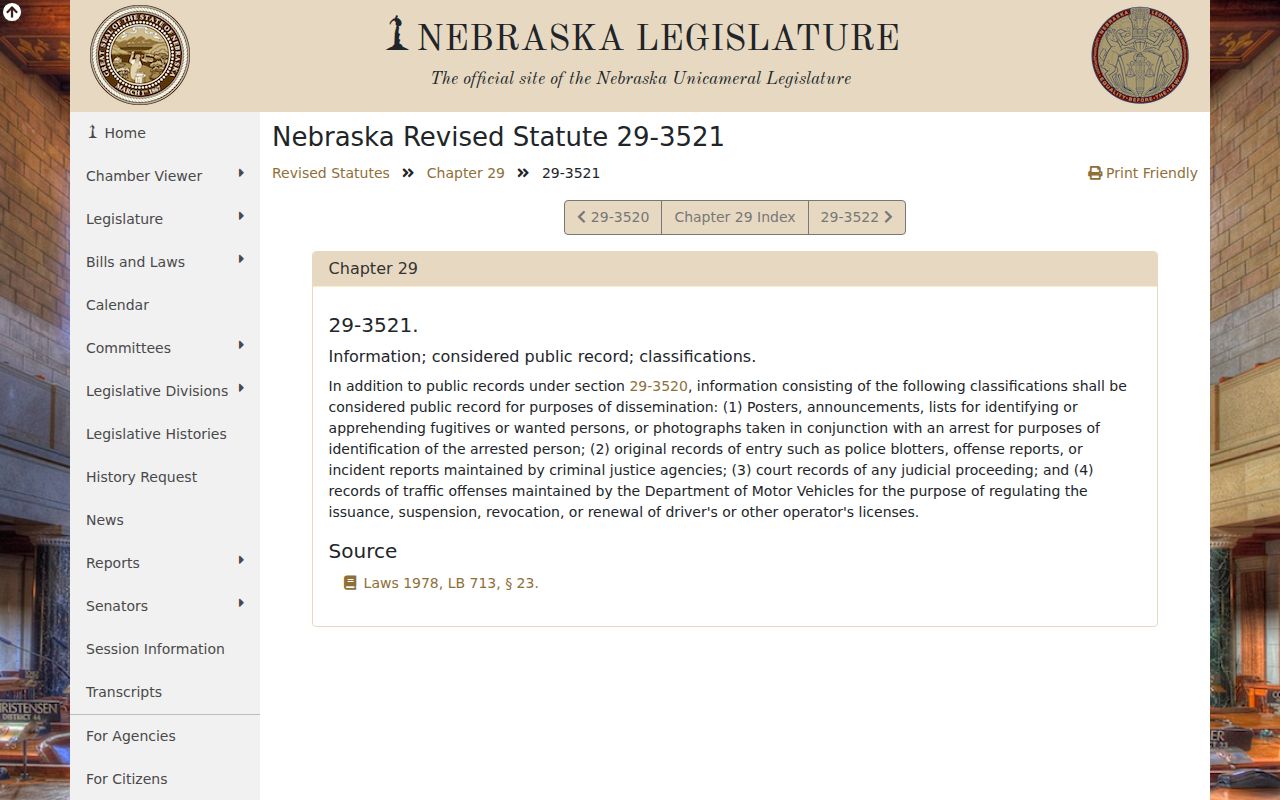 Nebraska statute webpage for arrest-identification photographs