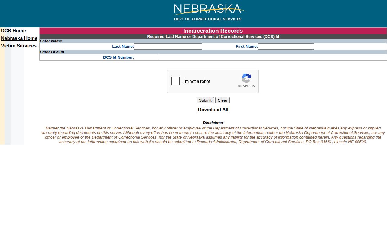 Nebraska Department of Correctional Services inmate search form