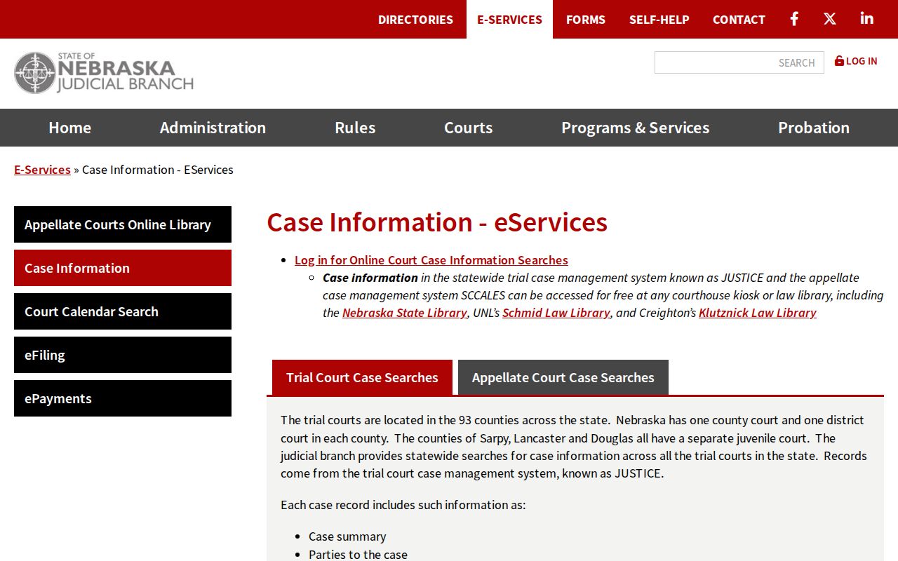 Nebraska Judicial Branch case-information search interface